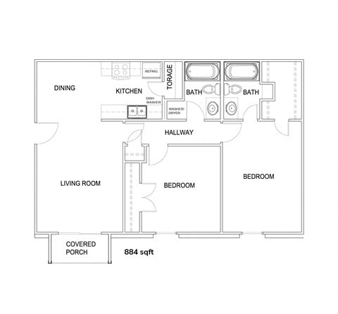 Floor plan for 2 beds, 2 baths, 884 sqft